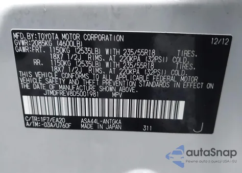 2013 Toyota Rav4 Limited z USA, uszkodzony, nr VIN JTMDFREV8D5001981